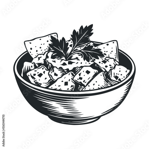 Black and white illustration of a bowl of tofu with herbs and vegetables