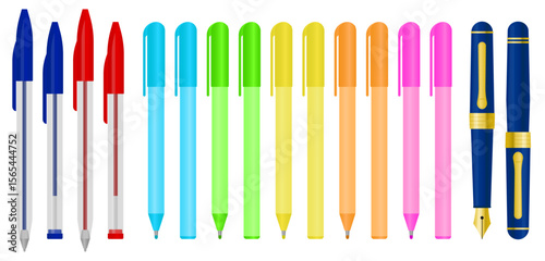 Combined vector set of ballpoint, gel, and fountain pens in both open and closed styles.