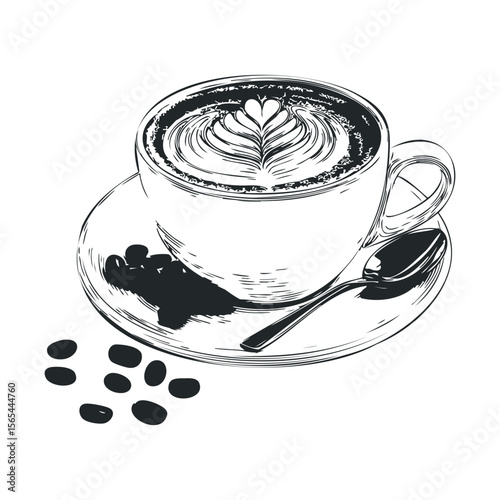 Artistic black and white sketch of a coffee cup with latte art