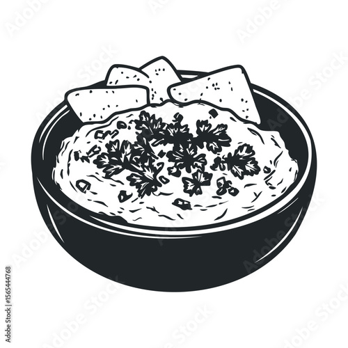 Black and white vector of guacamole bowl with tortilla chips and cilantro garnish