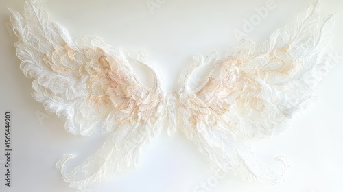 Delicate, detailed lace wings with subtle blush tones.