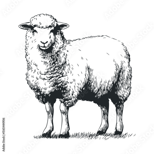 Detailed black and white sheep illustration on grass