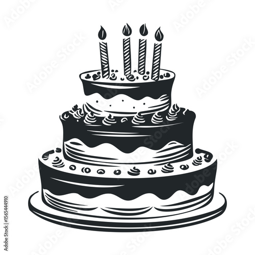 Black and white illustration of a three-tiered birthday cake with candles