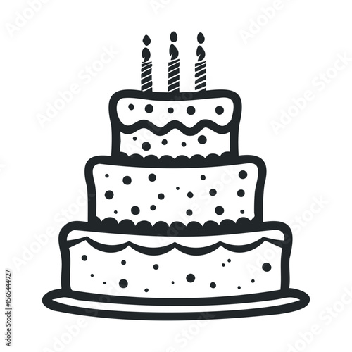 Black and white birthday cake with three candles illustration