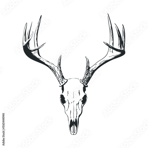 Monochrome deer skull illustrative antlers artwork on white background