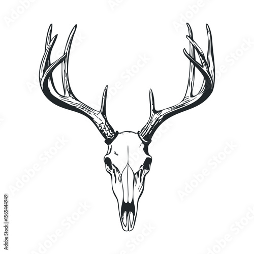 Monochrome deer skull with antlers illustration on white background