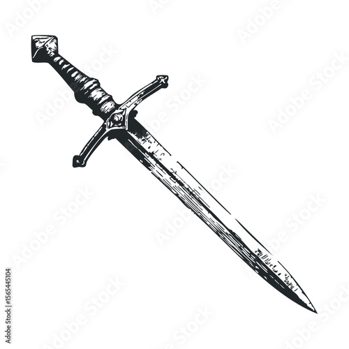 Detailed medieval sword illustration with intricate crossguard and blade design