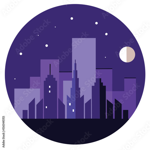 Modern city skyline at night with high rise buildings moon and stars urban cityscape vector illustration