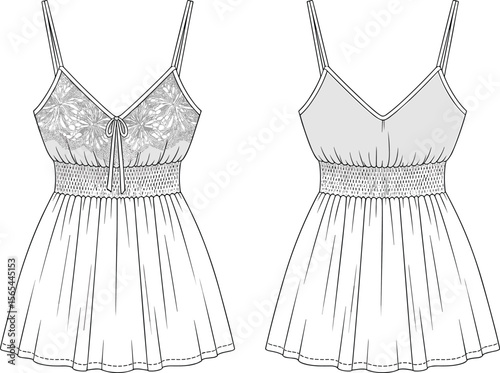 Spaghetti strap babydoll camisole top with floral lace bust and smocked waist, front and back technical fashion sketch vector.