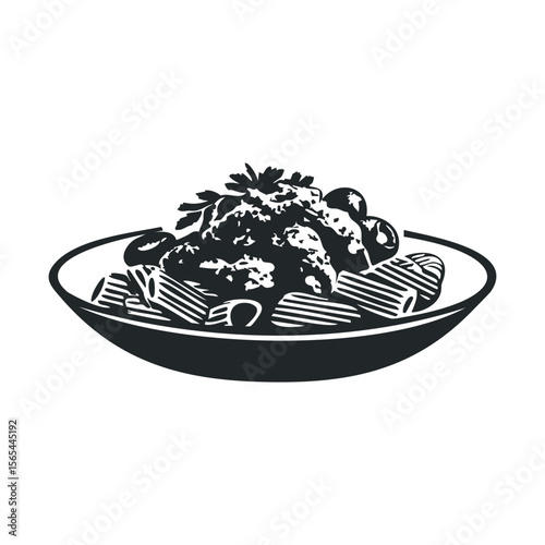 Black and white illustration of pasta dish with sauce and olives