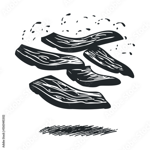 Black and white illustration of sizzling bacon strips with sketchy style