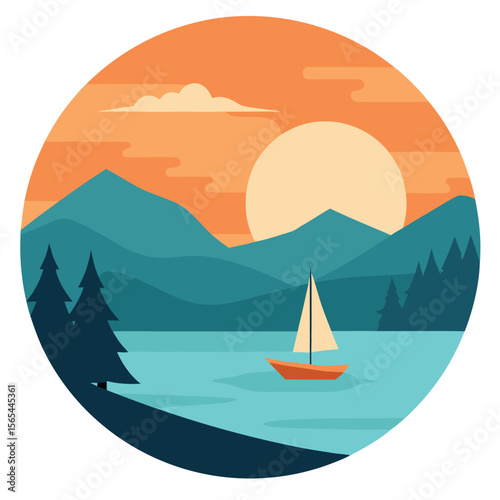Sailboat on peaceful lake with pine trees mountains and sunset sky scenic outdoor landscape vector illustration