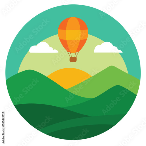 Colorful hot air balloon flying over green hills with sunrise and clouds scenic adventure landscape illustration