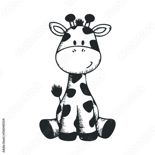 Adorable cartoon giraffe illustration in black and white with spots