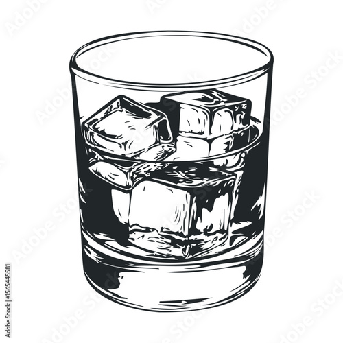 Black and white illustration of a whiskey glass with ice cubes