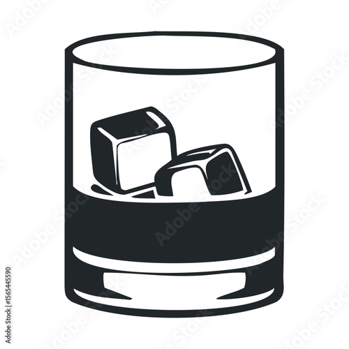 Black and white illustration of whiskey glass with ice cubes