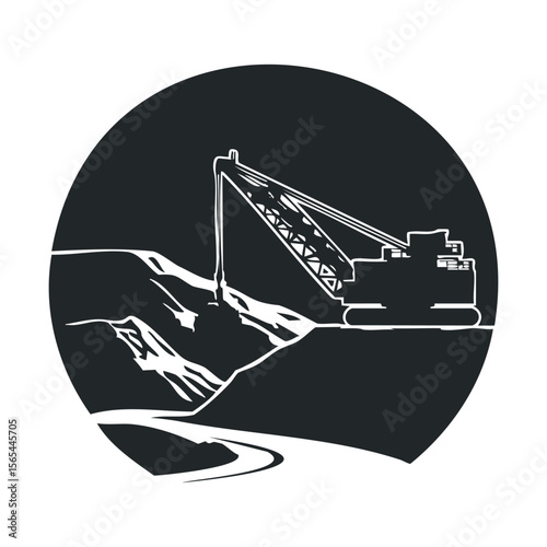 Monochrome silhouette of mining excavator operating in quarry with circular frame