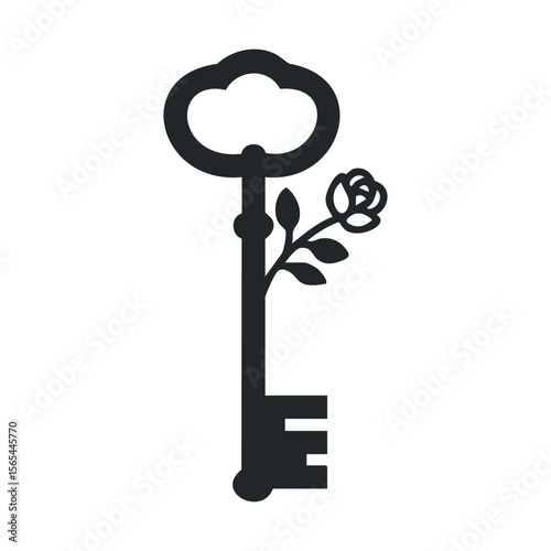 Silhouette of vintage key with rose detail in minimalist design