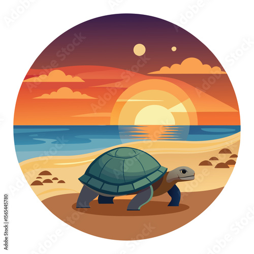 Turtle walking on tropical beach during sunset with ocean waves and colorful sky wildlife nature illustration