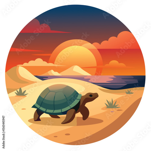 Turtle walking on desert sand with sunset ocean and mountains in background wildlife nature illustration