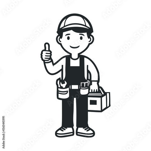 Cartoon male handyman with toolbox and thumbs up