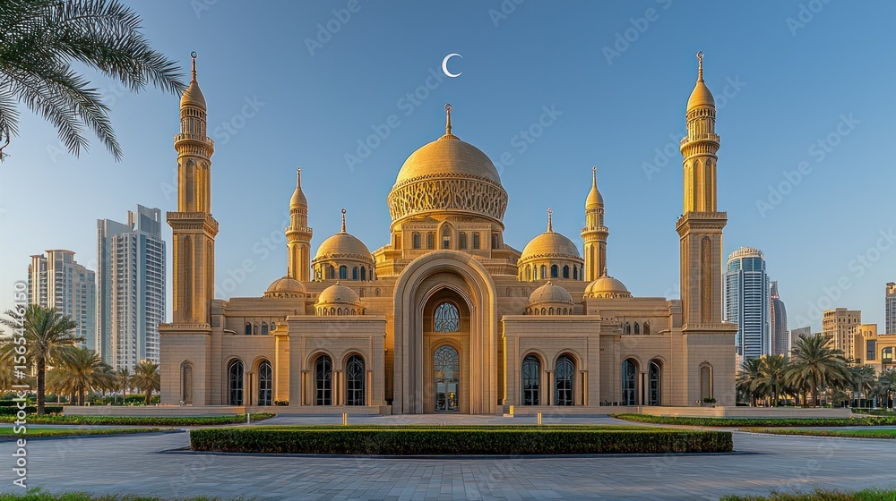 Obraz premium Golden mosque at dawn, modern architecture, cityscape