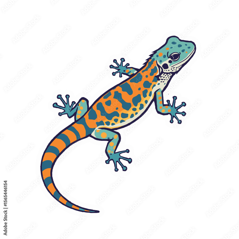 Naklejka premium A vibrant, colorful gecko illustration, showcasing intricate patterns, bold outlines, and vivid hues.