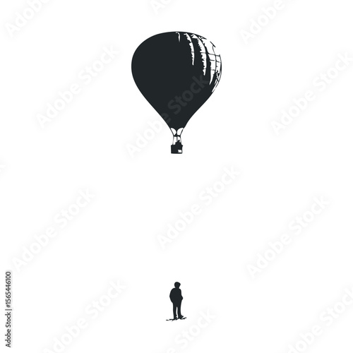 Silhouette of hot air balloon and lone man against minimalist white background