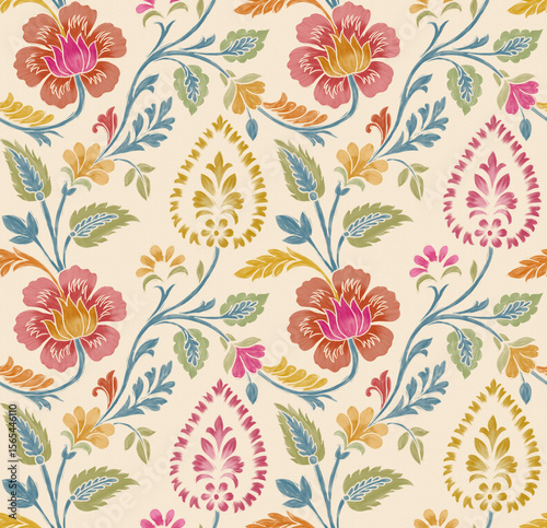 Watercolor Indian Mughal Floral Seamless Pattern, digital and textile print design for wallpaper, rug, fabric