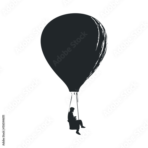 Silhouette of seated figure dangling from hot air balloon on white background