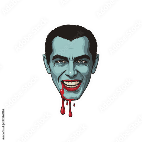 Vector Illustration of a menacing vampire with blood dripping from its fangs, set against a stark background, radiating a blend of terror and gothic elegance.