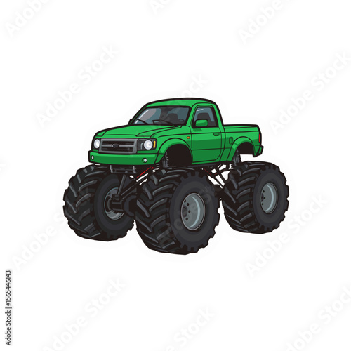 A powerful green monster truck with oversized tires stands ready, exuding raw power and bold design against a clean backdrop.