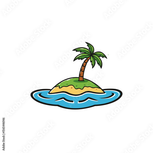 A whimsical tropical island paradise illustration, evoking a sense of calm and relaxation, with gentle waves lapping at its sandy shores.