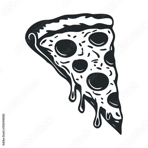 Monochrome illustration of melting pepperoni pizza slice with cheese drips