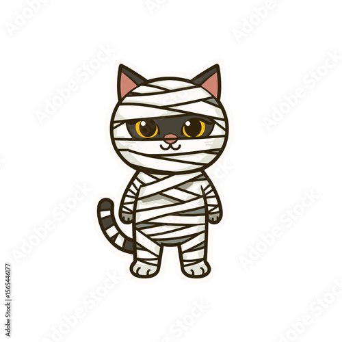 A cute cartoon cat dressed as a mummy, with its cute features, evoking a sense of fun and the spirit of Halloween. 