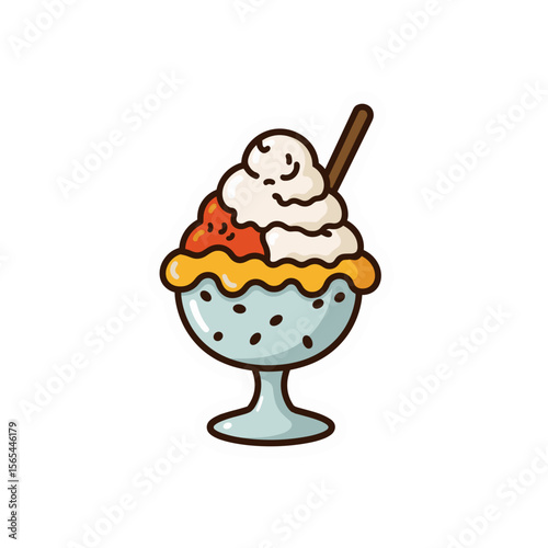 An artful depiction of a colorful, layered sundae, brimming with creamy scoops, adorned with a stirring spoon, ready to be devoured.
