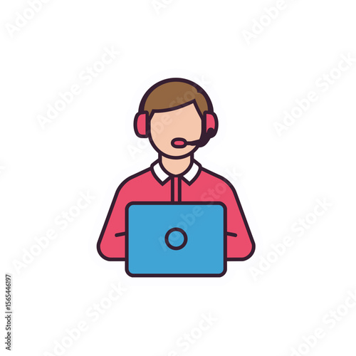 A vibrant cartoon of a customer service representative sits at a computer. Headset on, poised to offer assistance and support, personifying the spirit of helpfulness and dedication.