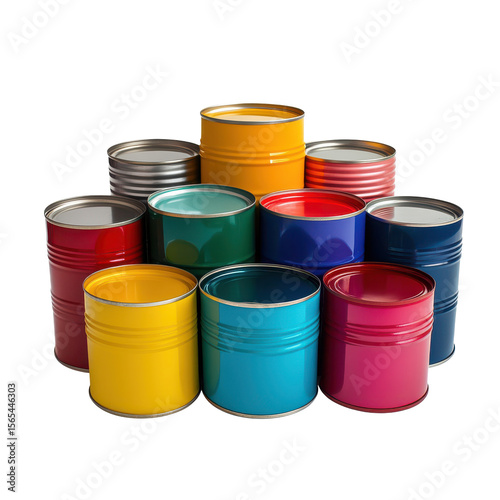 Colorful Collection of Paint Cans Stacked Together in a Creative Display on transparent background