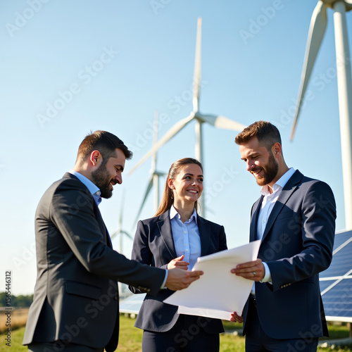 The Future of Energy: Professionals collaborating on a sustainable business project with clean technology.