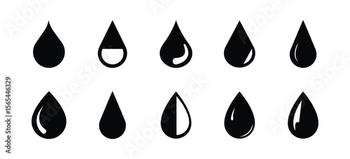 Water drop black icon. Droplet water shapes logo, collection. Vector abstract black silhouette water droplet design elements