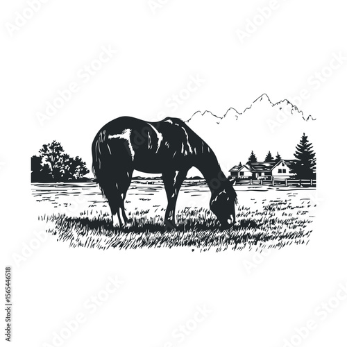 Black and white illustration of grazing horse in countryside setting with mountain and houses