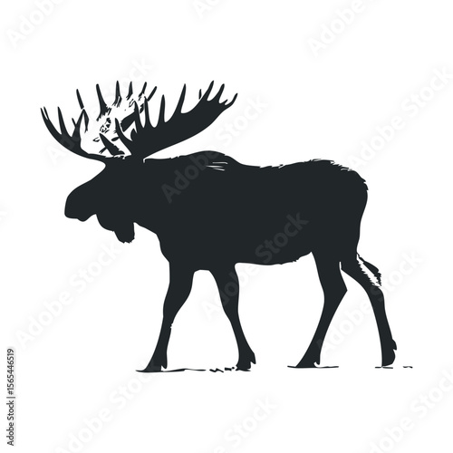 Silhouette of majestic moose with large antlers on white background