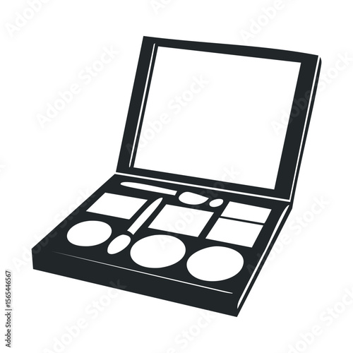 Open makeup palette with various cosmetic products in black and white design
