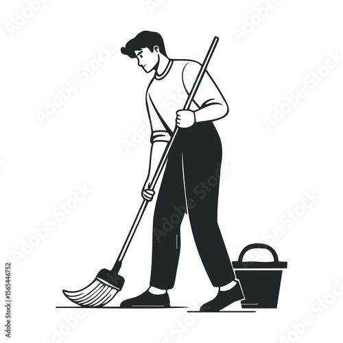 Young caucasian male cleaning with broom and bucket in minimalist illustration