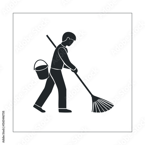 Silhouette of person sweeping with rake and bucket icon