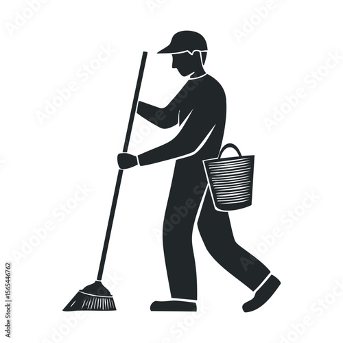 Silhouette of male worker sweeping with broom and basket