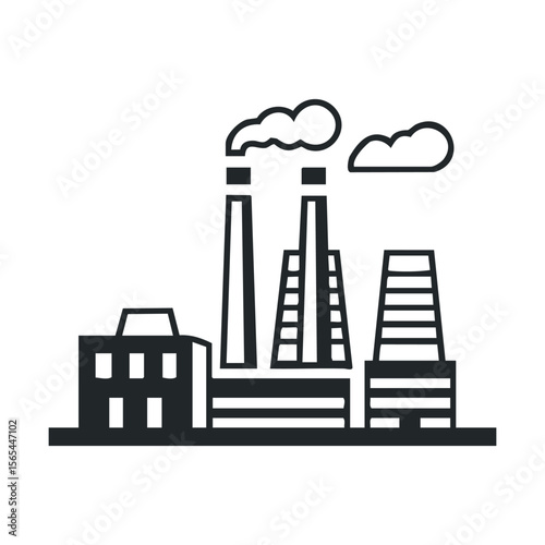 Monochrome industrial factory with smokestacks and modern buildings