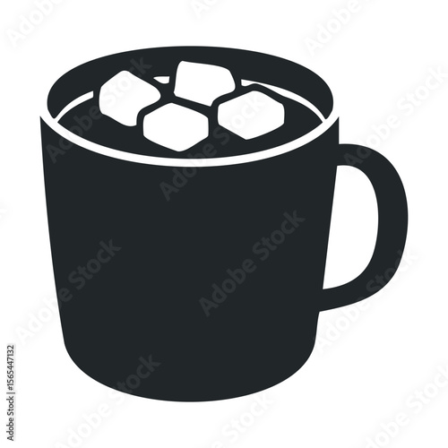 Black coffee mug with marshmallows on top, minimalist vector design