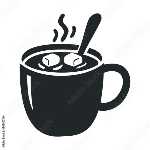 Black and white icon of a cup of hot coffee with steam and spoon