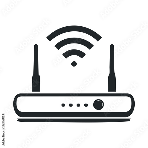 Black wireless router icon with signal waves and antennas